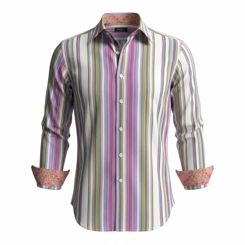 Robert Graham Mens Striped Embroidered Button Down Shirt Pink Gold Cuffs XL